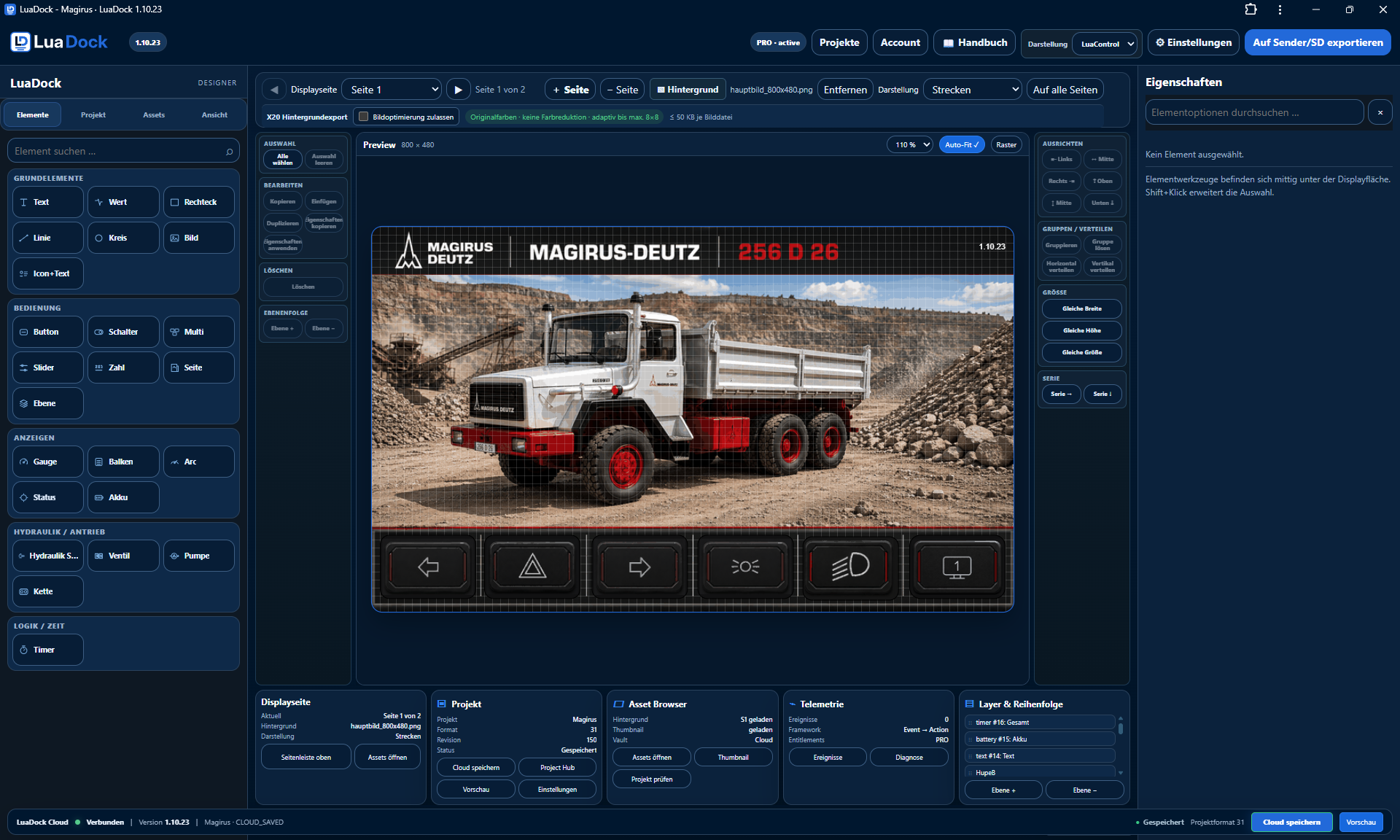 Echter Screenshot des LuaDock Designers mit dem Modellbeispiel Magirus